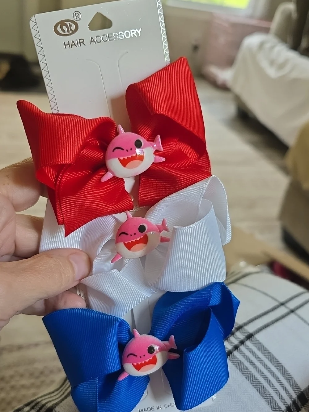 Red White Blue Bow Hair Clips with Pink Shark Charms